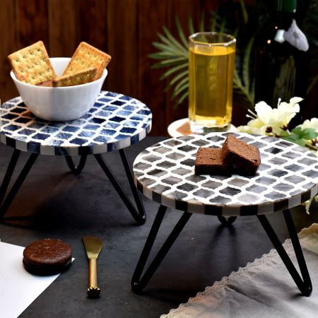 Grey and Blue Moroccan Motifs Wood and Resin Cake Stand for Dessert, Fruit and Planter